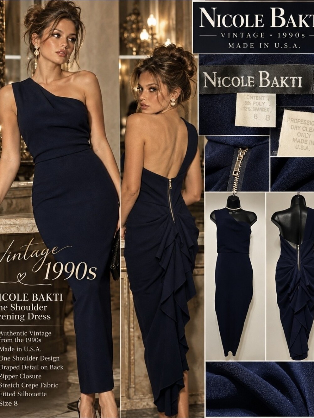 Vintage Y2K Nicole Bakti USA Asymmetric One-Shoulder Cascade Ruffle Evening Gown